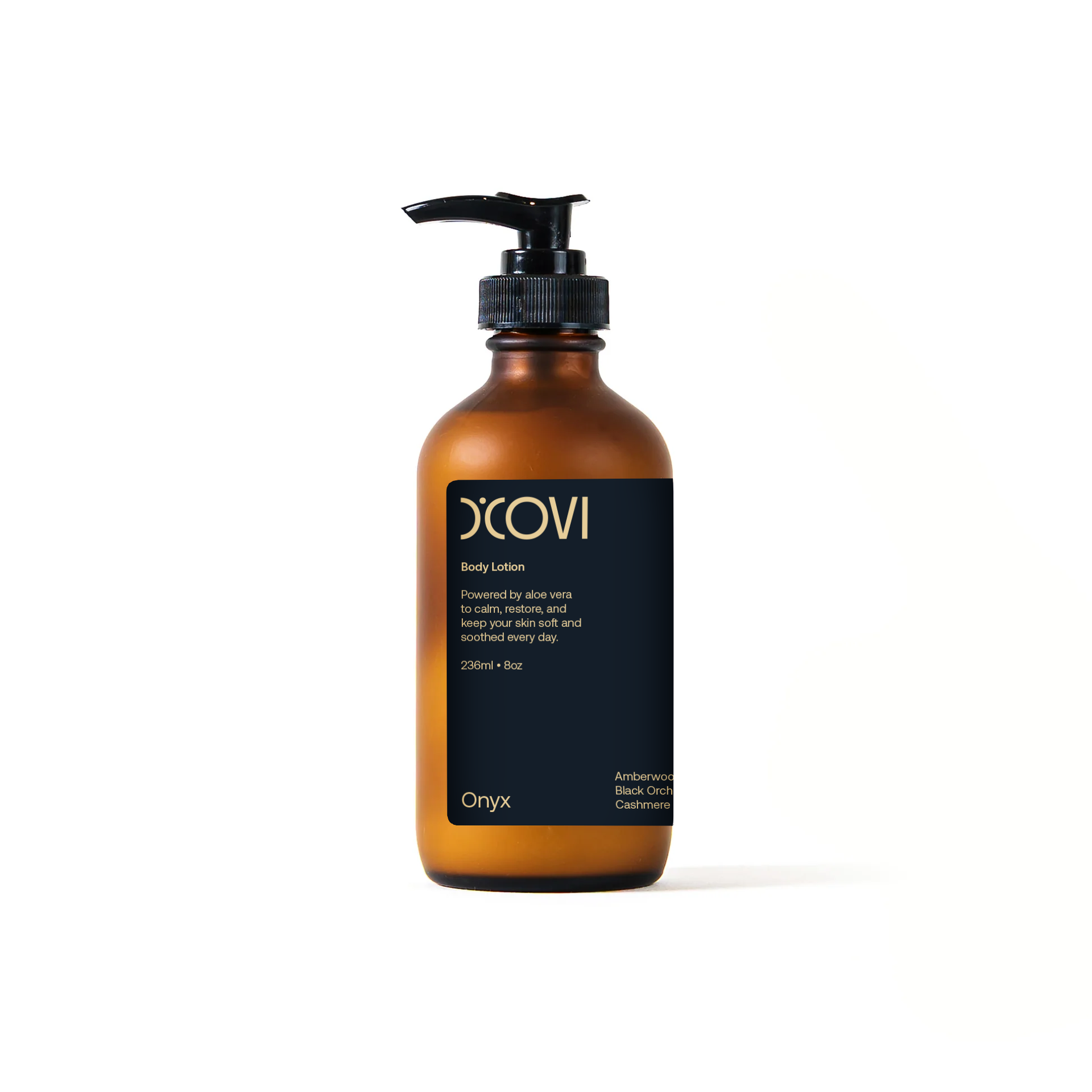 Onyx Body Lotion in a Brown glass lotion bottle with black pump and a black label on a white background