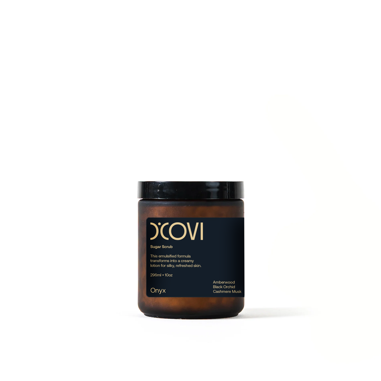 Onyx Sugar Scrub in a glass Jar of product with a black label on a white background