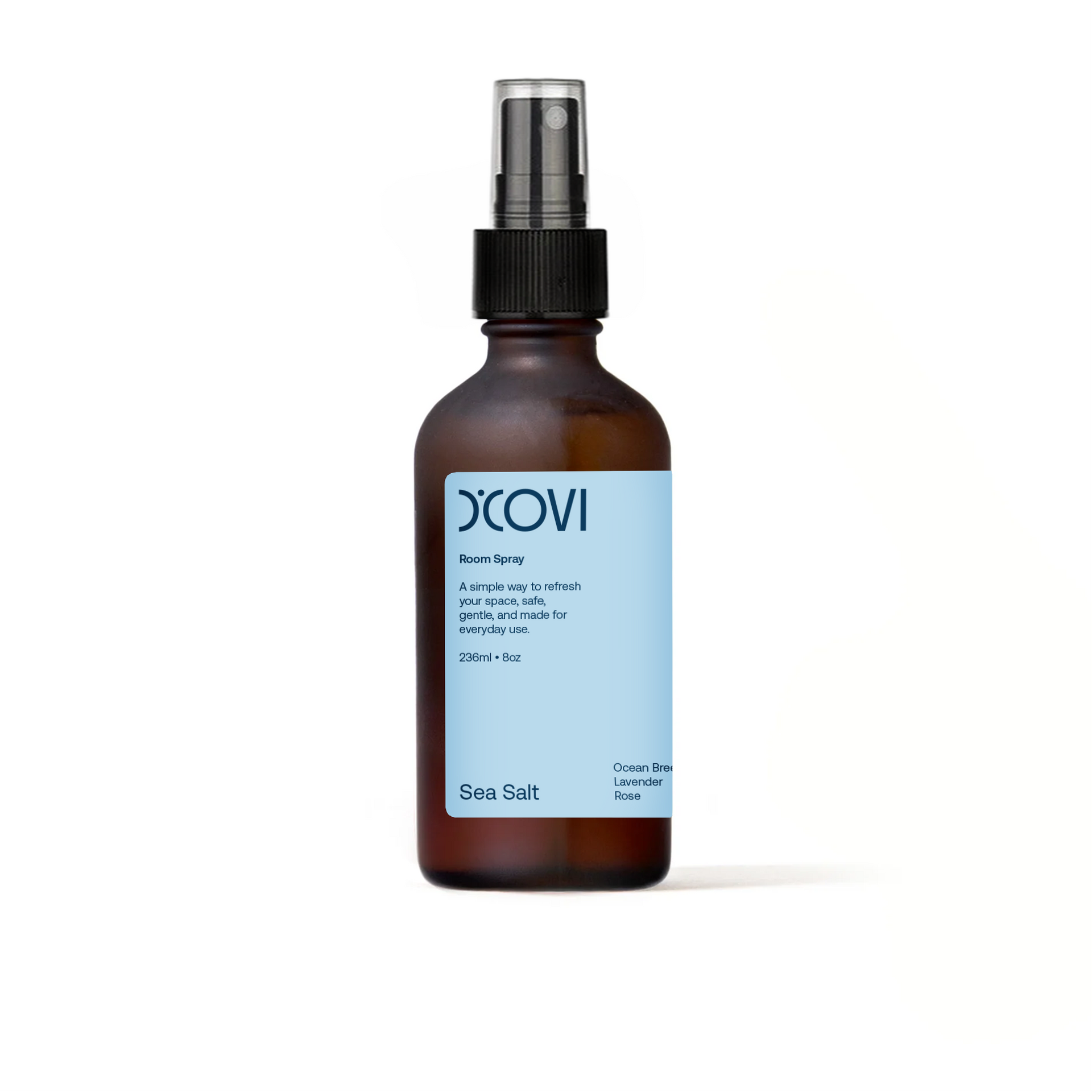 Sea Salt Room Spray in a glass brown spray bottle with blue label on a white background